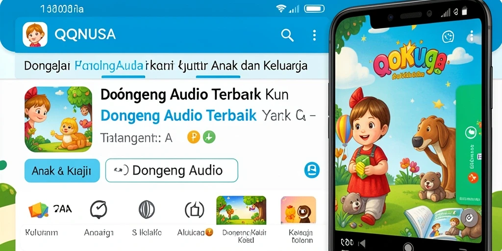 Antarmuka QQNUSA menampilkan pilihan dongeng audio untuk anak-anak.